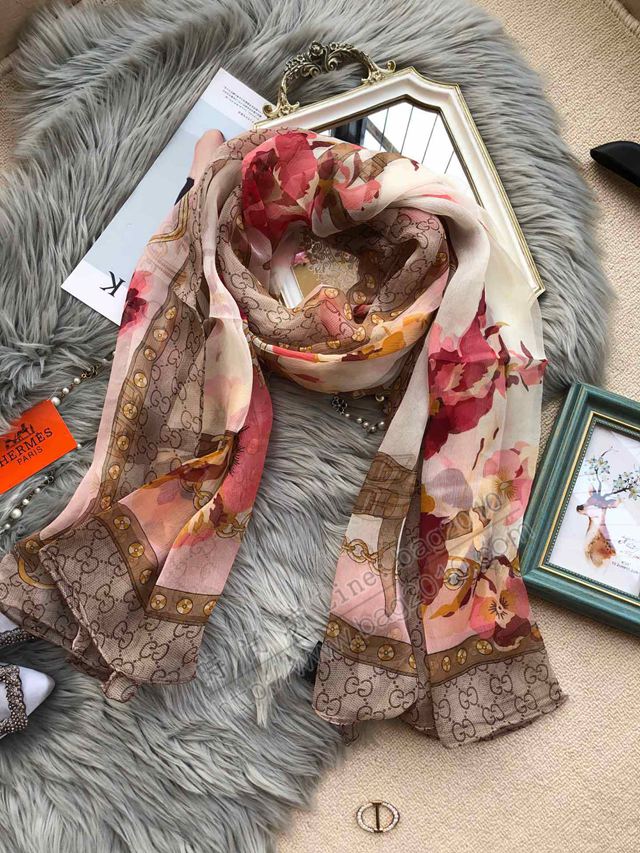 GUCCI圍巾 古馳經典真絲系列 GUCCI經典元素蘭花皮扣圖案 桑蠶絲真絲女絲巾  llwj6926